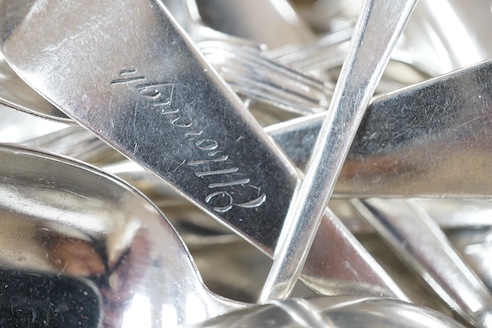 A quantity of assorted 18th century and later silver flatware various dates, makers and patterns, including table spoons, table forks, dessert forks teaspoons, butter knife etc. and an 800 teaspoon